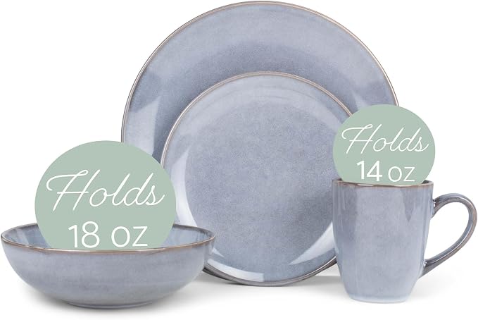Elanze Designs Reactive Glaze Stone Ceramic Plates Bowls Mugs Classic Dinnerware 16 Piece Set - Service for 4, Grey