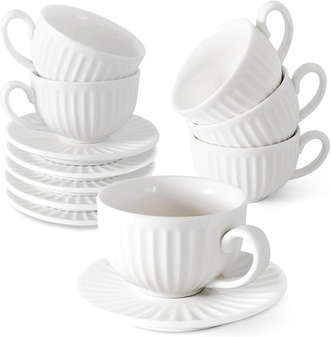 2 oz Espresso Cups Set of 6, Ceramic Cappuccino Cups with Saucers, Stackable Coffee Cup for Macchiato, Double shot, Tea, Coffee Lover Gifts, White