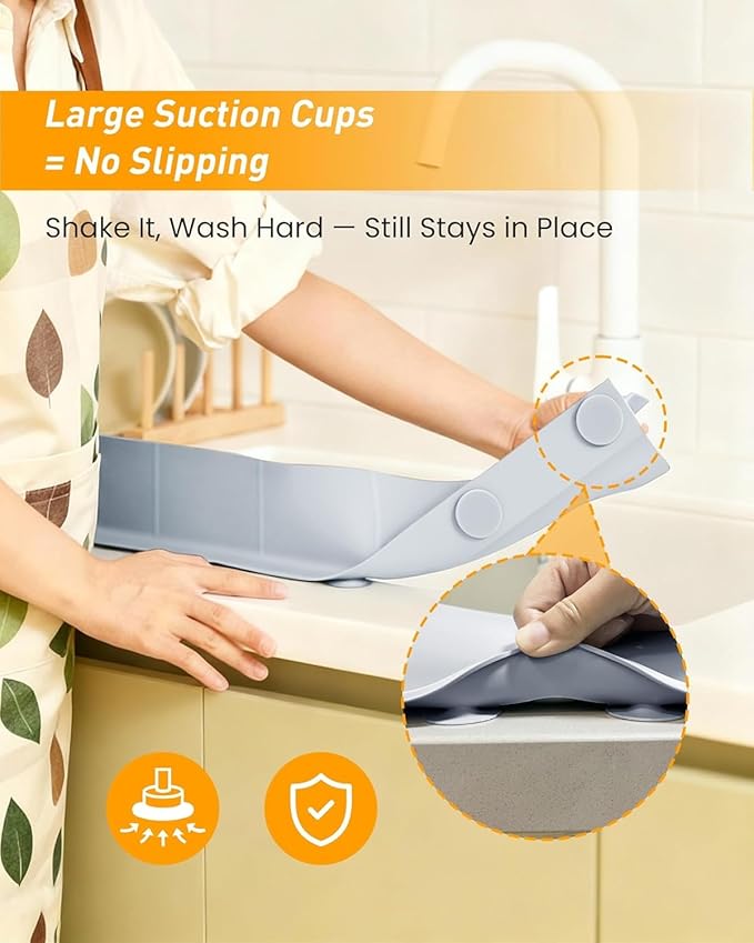 Kitchen Sink Splash Guard 18" 23" 30" Silicone Water Guard with Strong Suction Cups, Faucet & Countertop Protector, Bathroom & Sink Edge Splash Guard Strip, Dishwasher Safe-Grey 18"