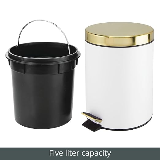 mDesign Pedal Bin — Metal Waste Bin with Pedal, Lid and Plastic Bucket Insert — Perfect for Bathroom, Kitchen, and Office — Household Rubbish Bin with Ergonomic Design — White/Gold