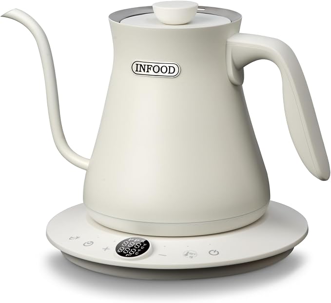 INFOOD 0.8L Gooseneck Electric Kettle, Precise Temperature Control for Pour Over Coffee & Tea, 1200W Fast Boiling Water, Auto Shut Off, Scheduling, Stainless Steel, White