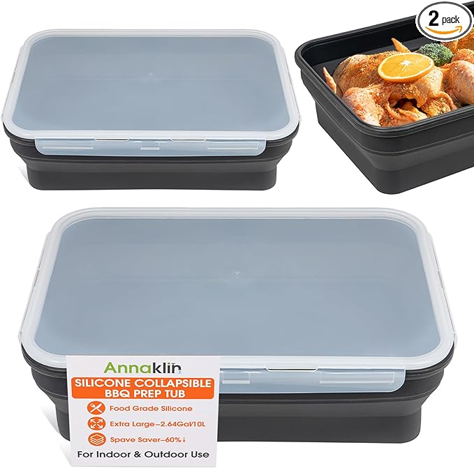 Silicone Collapsible Marinating Container with Lid for Meat, 2.64Gal/10L, 2 Pack Extra Large Collapsible BBQ Prep Tub, Transparent Locking Lid, XL Grill Prep Trays & Carry System, BBQ Must-Have, Black