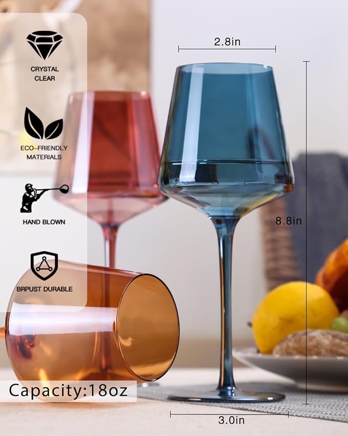 comfit Original Hand Blown Colored Wine Glasses Set of 6-18oz Multi Colored Square Wine Glasses with Tall Long Stems and Flat Bottom,Crystal Colorful Wine Glass-Wedding,Birthday Gifts