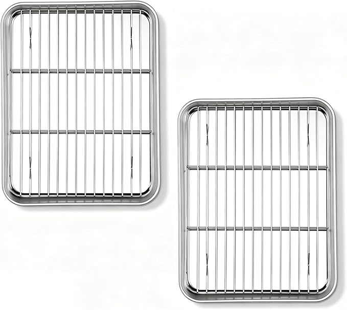 Onader Small Baking Cookie Sheet with Rack Set of 2, Stainless Steel 1/8 Sheet Pans for Baking, 9¼ x 7 Inch Metal Toaster Oven Tray with Cooling Rack, 2 Pans + 2 Racks