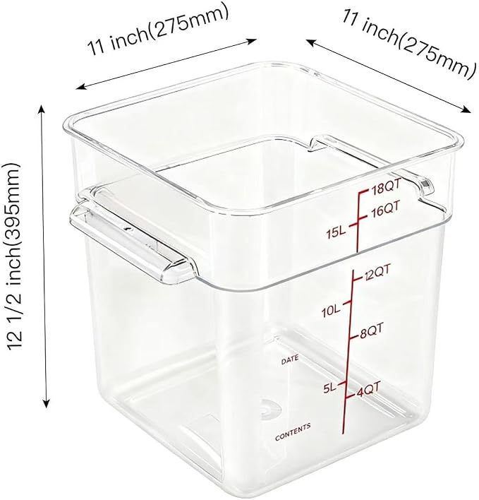 4 Pack Food Storage Containers with Red Lids, 18.0 Qt - Square, Clear, Polycarbonate, for Restaurant Commercial Kitchen and Home party