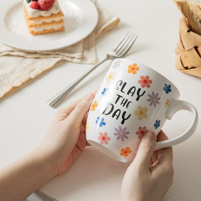 16OZ Ceramic Slay the Day Coffee Mugs Set, Large Colorful Coffee Cups with Handles for Milk, Tea, Latte, Mocha, Cocoa, Cappuccino, Porcelain Cups Gift for Holiday or Anniversary (4PCS)