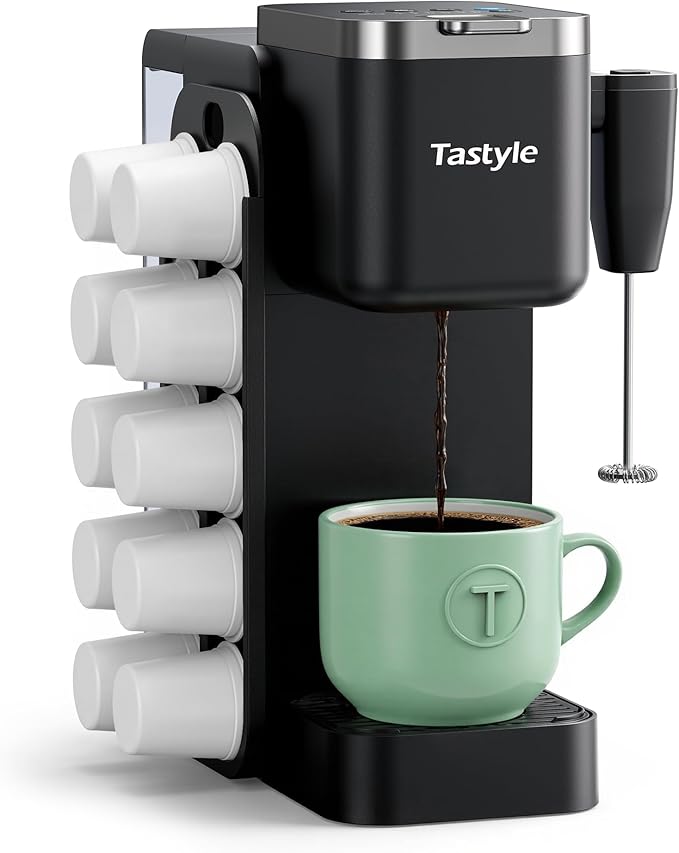 Tastyle Single Serve Coffee Maker with Built-in Detachable Milk Frother & Magnetic K-Pod Organizer, 6 Cup Sizes, Fits 7.3" Travel Mug, Black