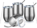 COMOOO 12oz Insulated Wine tumbler with Lid, Stainless Steel Stemless Wine Tumbler Glass,Double Wall Vacuum Wine Tumbler Cups with Straw for Coffee, Cocktails,Beer,Champaign Silver, 4 Pack