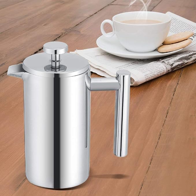 TOPINCN French Press Coffee Maker, Stainless Steel, Double Wall Insulation, Mirror Finish, 350ml, with Filter, for Coffee and Tea