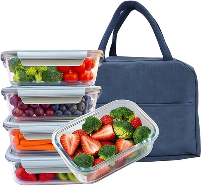 5Pack (14oz with Lunch Bag) Glass Food Storage Containers with Lids for Kitchen Meal Prep, Fridge Organization, Lunch Box