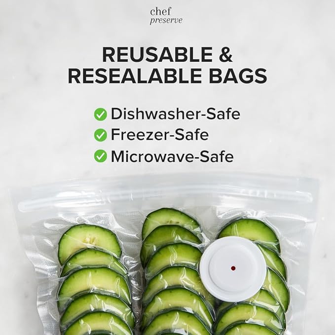 Chef Preserve Reusable Vacuum Sealer Bags for Food - 30 BPA-Free Small (8 x 10 in) Food Storage Bags, Freezer, Microwave - Odor-Resistant, Leak-Proof - Compatible with Chef Preserve Vacuum Sealers
