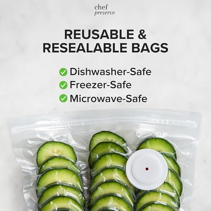 Chef Preserve Reusable Vacuum Sealer Bags for Food - 30 BPA-Free XL Large (12 x 20 in) Food Storage Bags, Freezer, Microwave - Odor-Resistant, Leak-Proof - Compatible with Chef Preserve Vacuum Sealers