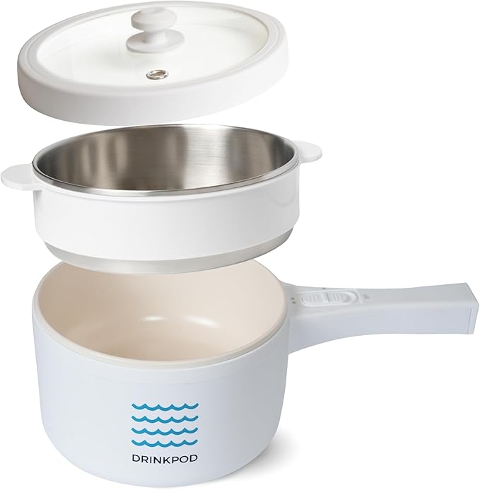DRINKPOD 2L Electric Hot Pot with Steamer, Portable Multi Cooker for Ramen, Eggs, Soup, Oatmeal Non-Stick Mini Pot with Adjustable Temperature (WHITE)