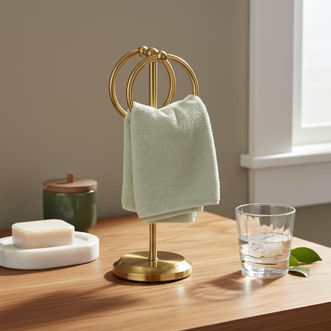 J&V TEXTILES Steel Towel Rack Holder Stand with 2 Hanging Rings for Bathroom Vanity Countertops - Space Saving Hand Towel Holder (Aged Brass)