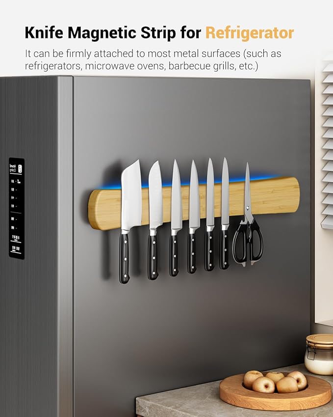 Swaitee Magnetic Knife Holder for Wall, 24 Inch Large Bamboo Magnetic Knife Strip, Kitchen Storage Organizer, Fridge Side Mount, Housewarming Gifts for New Home