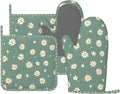 Oven Mitts and Pot Holders Daisy Flower Green Silicone Kitchen Accessories Set of 4 Heat Resistant Long Gloves Potholder Non-Slip Grip for Chef Cooking Baking Grilling BBQ