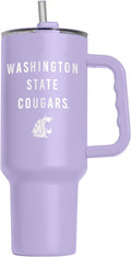 Logo Brands NCAA Washington State Cougars Lavender 40 oz Tumbler with Handle - Stylish Everyday Use Powder Coated-Stainless Steel with Straw- Keeps Cold For Hours
