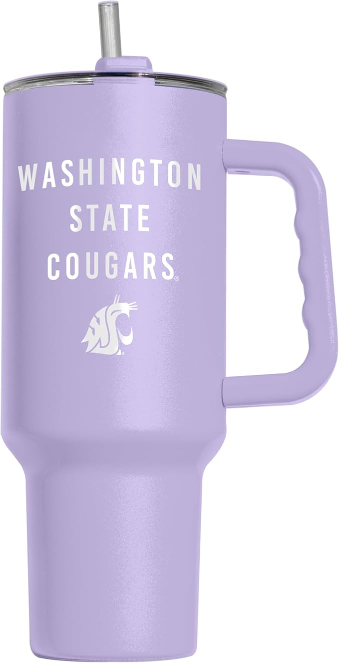 Logo Brands NCAA Washington State Cougars Lavender 40 oz Tumbler with Handle - Stylish Everyday Use Powder Coated-Stainless Steel with Straw- Keeps Cold For Hours