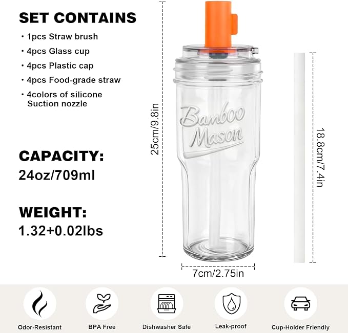 ANOTION 2pc Glass Tumbler with Lids and Straws, Leakproof 24oz Mason Jar Cups, Cap Cup Leak-Proof, Self-Assembly Silicone Straw, Reusable Iced Coffee Smoothie Matcha Cup Aesthetic Coffee Gifts Women