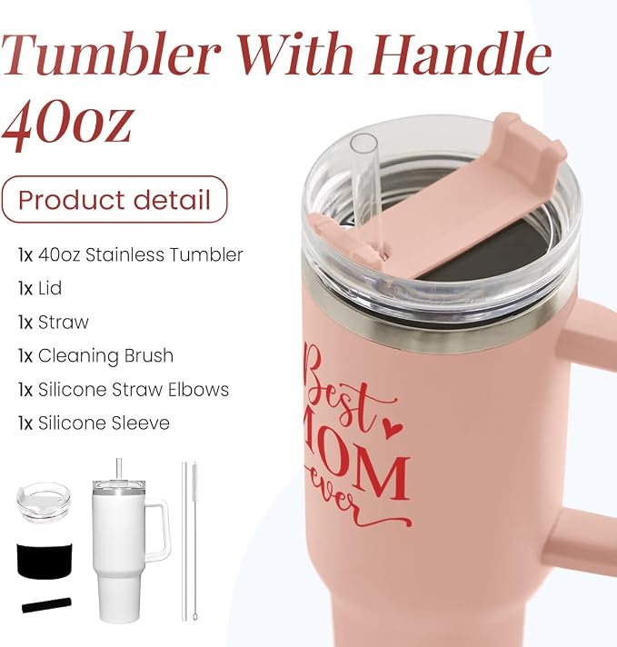 SANDJEST Mom Gifts Best Mom Ever Tumbler Stainless Steel 40oz with Handle Insulated Travel Cup - Mom Travel Coffee Mug, Mother's Day Christmas Birthday Gifts from Son Daughter