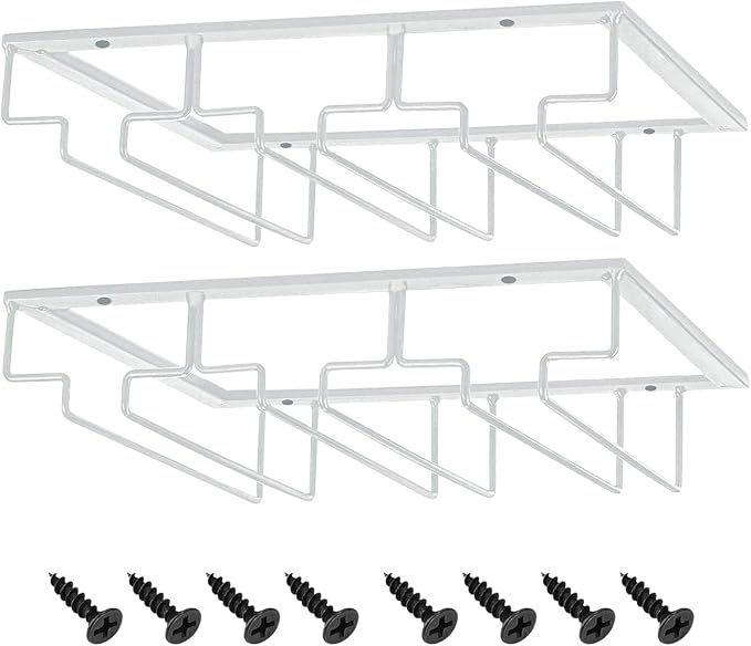MOCOUM Wine Glasses Rack Under Cabinet Stemware Rack, Wine Glass Hanger Rack Wire Wine Glass Holder Storage Hanger for Cabinet Kitchen Bar (White, 3 Rows 2 Pack)