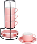 Espresso Cups Set of 4, 4oz Stackable Coffee Cups with Saucers and Metal Stand, Pink Demitasse Cups, Expresso Shots Cup Set