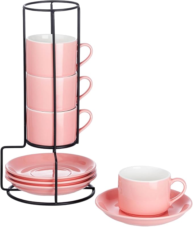 Espresso Cups Set of 4, 4oz Stackable Coffee Cups with Saucers and Metal Stand, Pink Demitasse Cups, Expresso Shots Cup Set