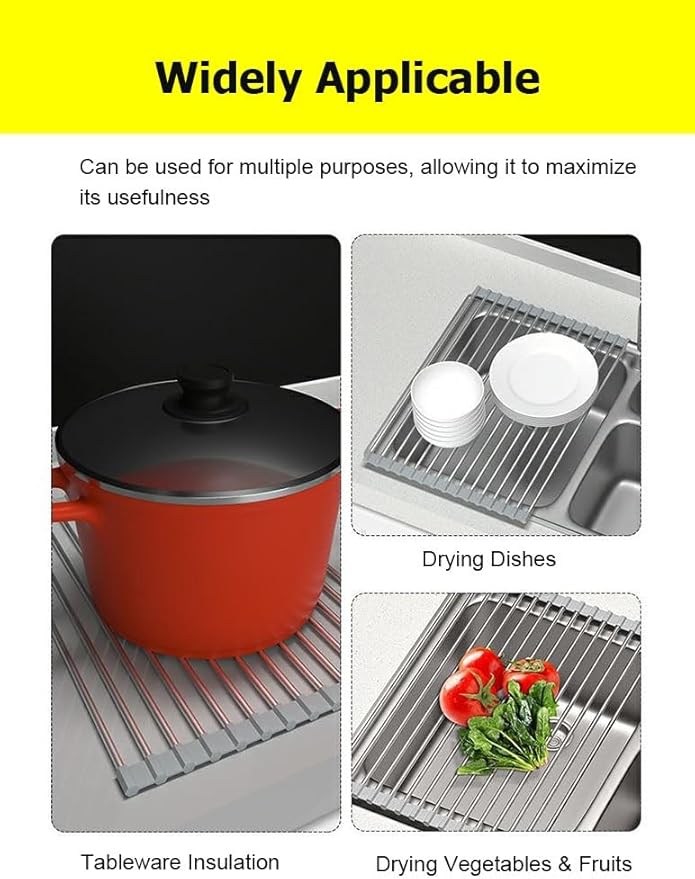 Roll Up Dish Drying Rack, Multipurpose Workstation Sink Roll-Up Dish Drying Rack, 14.6-18.5" Foldable Stainless Steel Over The Sink Kitchen Counter Dish Drainer(Gray,47x24cm/18.5x9.4in)
