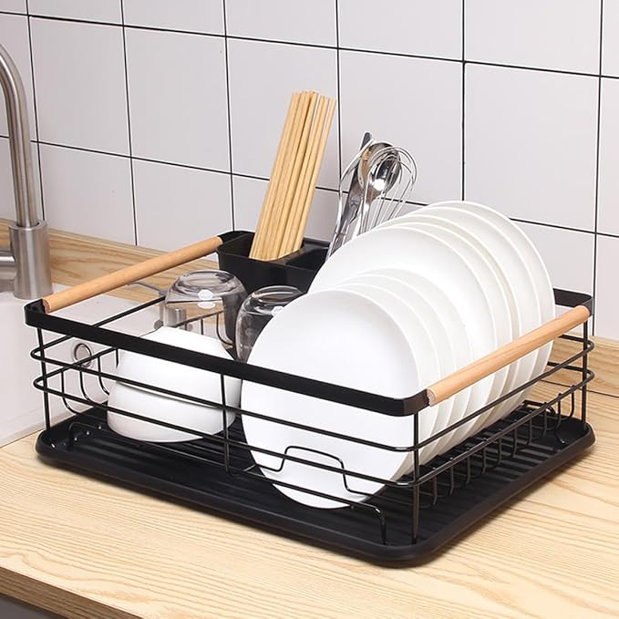 INOOMP Dish Drying Rack and Bowl Rack Black Iron Kitchen Countertop Organizer with Cutlery Holder Over Sink for Home Storage and Dishware Drying