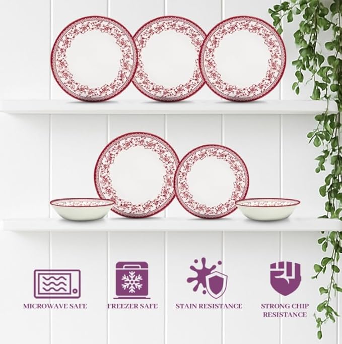 TUDOR Royal Collection 12-Piece Round Porcelain Dinnerware Set, Service for 4 with Dinner Plates, Bowls, and Salad Plates, Aster Pink Red Floral Design, High Gloss Finish, Durable & Premium Quality