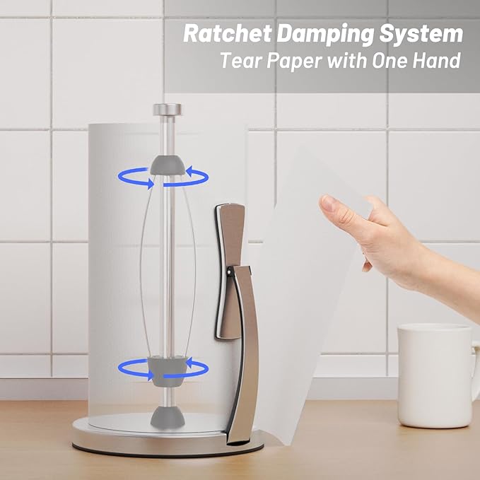 VEHHE Paper Towel Holder Countertop, One-Handed Tear, Stainless Steel, Stand Paper Towel Holder with Spring Activated Arm & Non Slip Weighted Base, for Kitchen Bathroom (Silver)