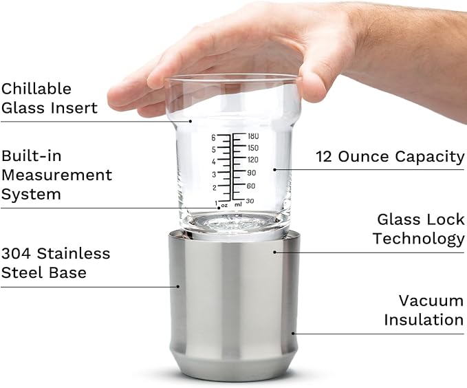 Elevated Craft Hybrid Rocks Glass Premium Vacuum Insulated Steel Base with Removable Insert - 12oz Cocktail Glass, Double Old Fashioned Lowball for Margaritas, Bourbon, Whiskey - Steel
