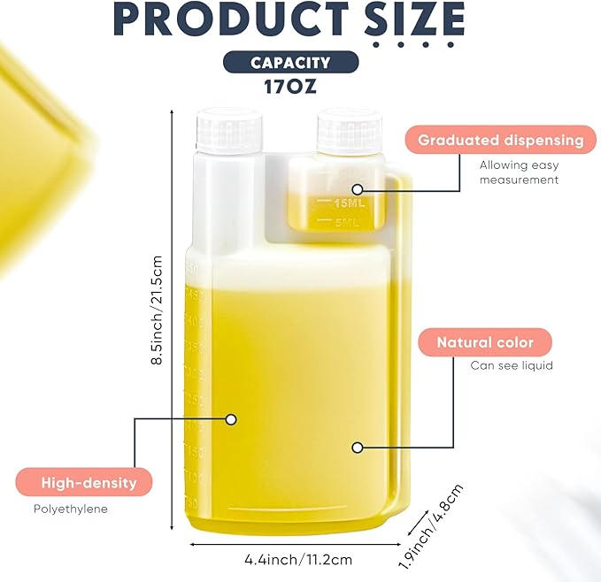 Lounsweer 12 Pcs Plastic Flask with Built in 1oz Shot Glass Graduated Chamber with Caps, Measuring Bottles One for Filling and One for Dispensing, to Store, Measure Dispense Liquids (17oz)