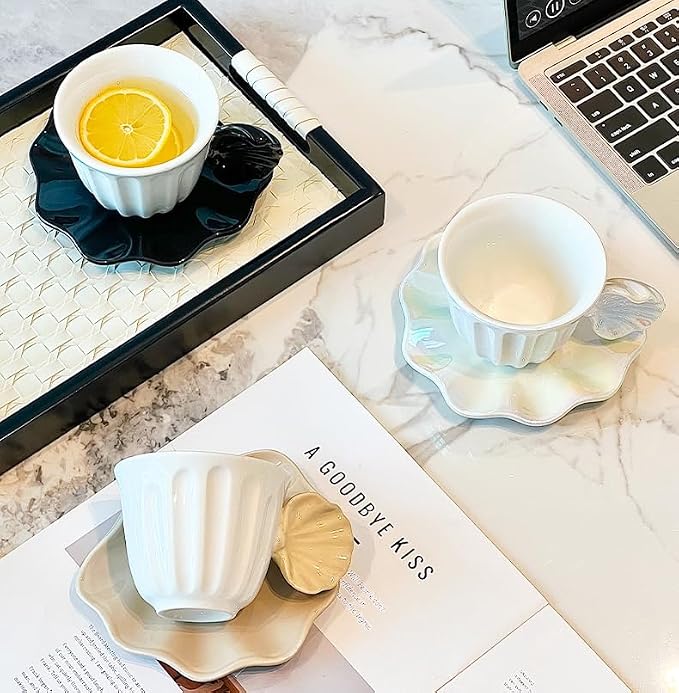 Pearl Shell Ceramic Coffee Mug with Shell Coaster Set for Tea Latte Milk Cute Cup with Saucer for Home Office Women Gift 6.5 oz (Milk coffee S, 270 ml)