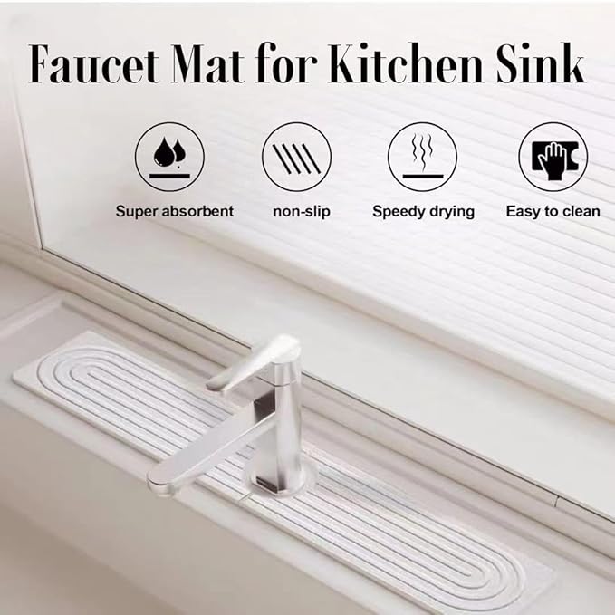 Quick Drying Stone Faucet Mat for Kitchen Sink, 18.1'' Long Diatomite Sink Tray, Faucet Splash Guard for Kitchen,Bathroom Counter, Prevents Moisture, Super Absorbent, White (White, 18.1" x 3.9")