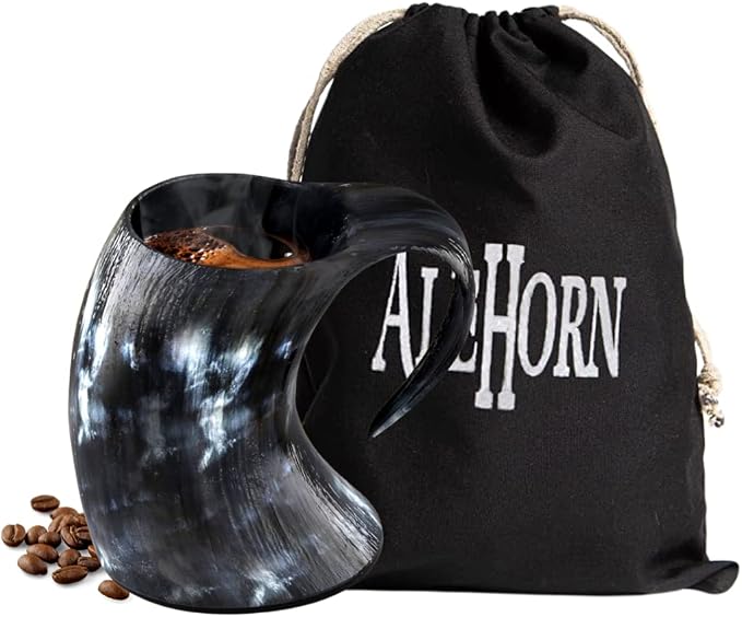 AleHorn Handcrafted Viking Drinking Horn - Coffee Mug | Father’s Day Gifts | Tankard for Beer Mead Ale and Coffee | Food Safe Vessel with Handle | Hot & Cold | (8oz)