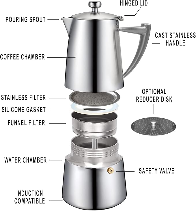 CUISINOX Roma Satin Stainless Steel Moka Pot Stovetop Espresso Maker, 4-Cup (6 oz)