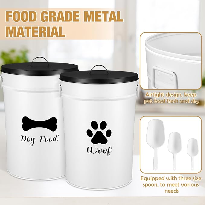 DoubleFill Extra Large 30+30 lb Metal Dog Food Storage Containers Set of 2 Airtight Dog Treat Snack Jars with Lids and Spoon Farm House Style Big Pet Cookie Jar for Kitchen Counter Gift