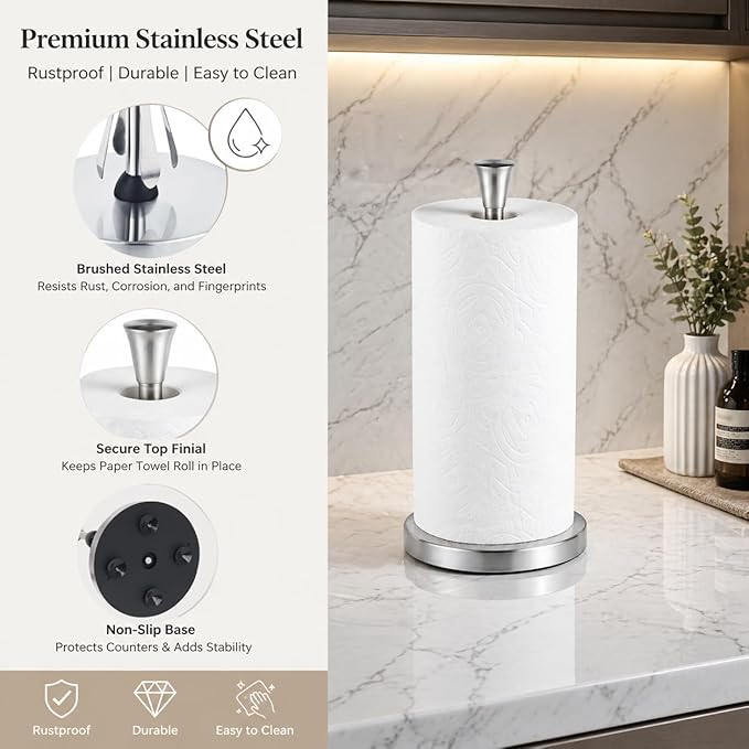 Paper Towel Holder Countertop with Suction Cups - Heavy Duty (2.9 lbs) Stainless Steel Paper Towel Dispenser, One-Hand Tear for Kitchen, Fits Standard & Mega Rolls