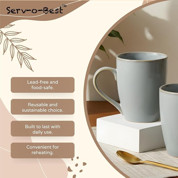 Servo Best Grey Coffee Mugs 12 oz, Set of 6 Grey Radiant Ceramic Mugs - Lead & Toxic Free, Dishwasher & Microwave Safe, Perfect for Home & Office Use
