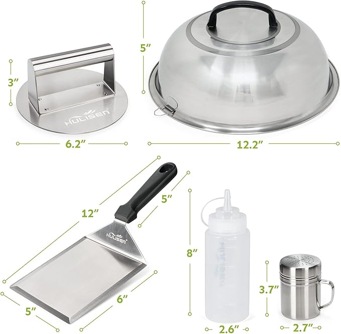 HULISEN Smashed Burger Kit, Burger Press, 12 Inch Basting Cover, Grill Spatula, Spice Dredge Shaker and 2 Squeeze Bottles - Griddle Accessories Kit for Flat Top Griddle Grill Cooking, Gift Package