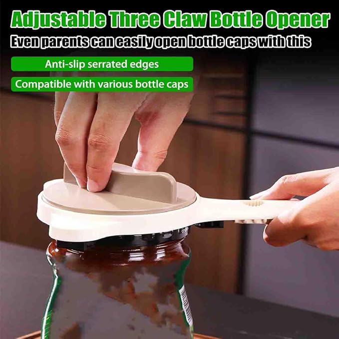 4 in 1 Multi-Purpose Jar Opener,Adjustable Three Claw Beer Bottle Opener,Handheld Can Lid Remover with Non Slip Teeth,for Seniors & Weak Hands,Fits Kitchen Jars,Bottles & Cans (1 pcs)