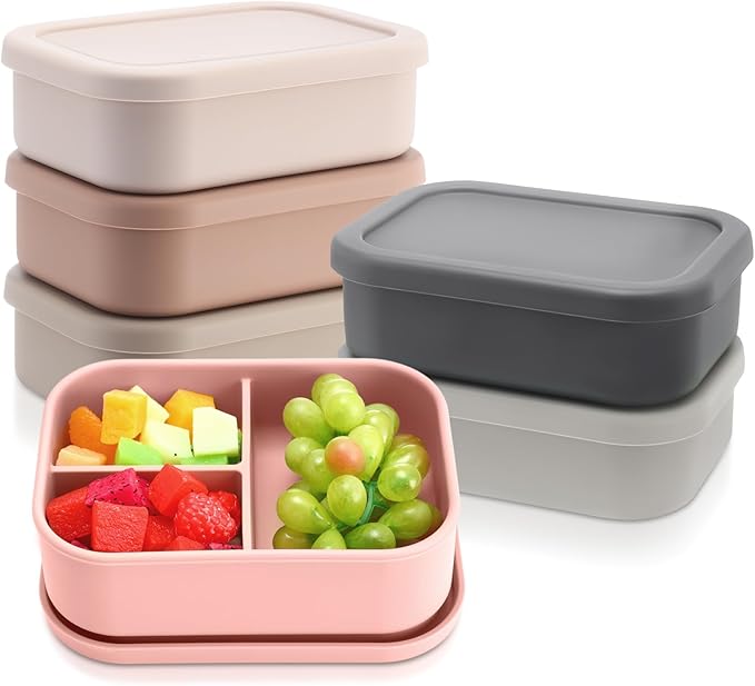 Honeydak 6 Pcs Silicone Bento Box for Adults, 3 Compartment Lunchable Food Container for Women Men, Leak Proof Microwave Dishwasher Freezer Safe (Light Colors)