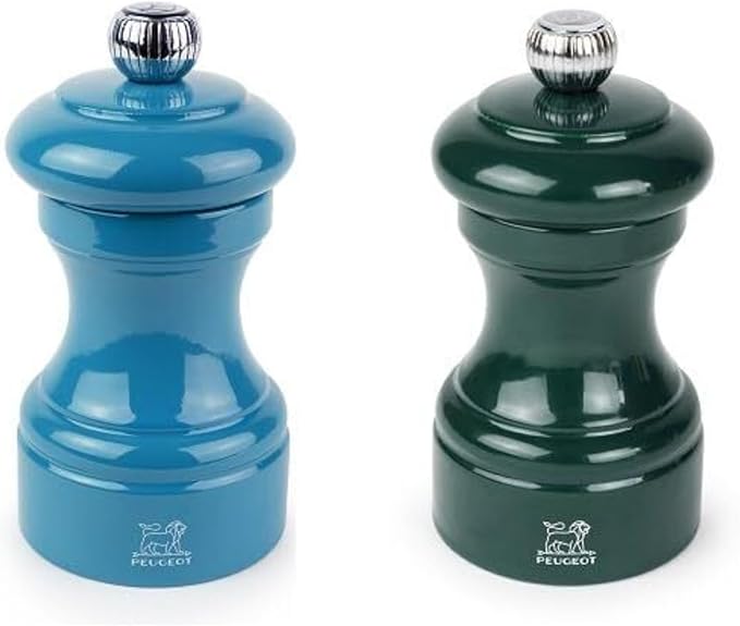 Peugeot Bistro Pepper and Salt Mill Set, 4in - Beechwood Mills with Adjustable Grinding - For Peppercorns and Rock Salt, Corrosion-Resistant - Essential Kitchen Tools (Blue/Green)