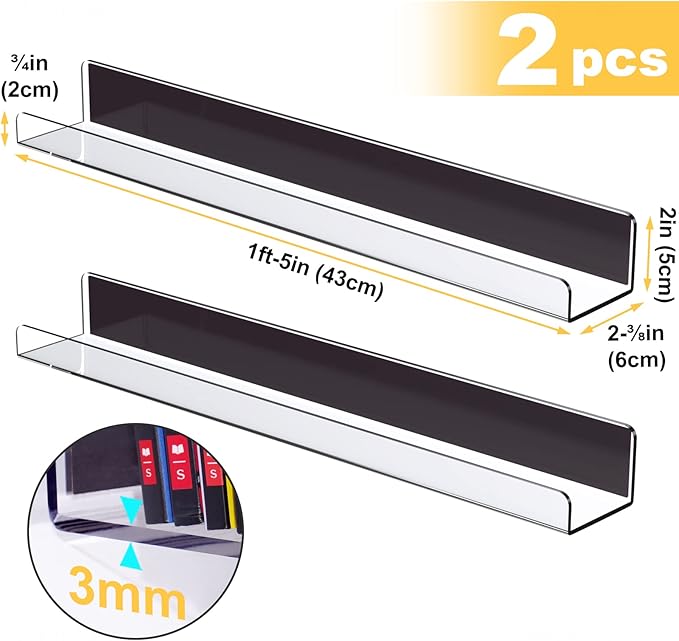 NiHome Clear Magnetic Acrylic Book Shelves 2-Pack, 17'' for Whiteboard, Classroom and Fridge Storage, Sleek Design for Large Picture Books and File Holders, Holds up to 8.5 lbs
