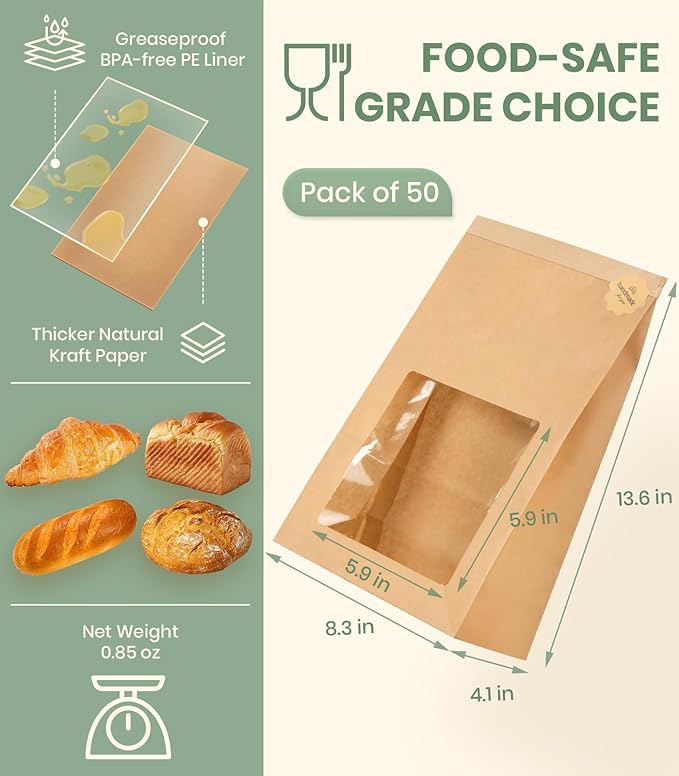 50 Pack Heavy Duty Sourdough Paper Bags Resealable with Window for Round Loaf Selling | Large Thick Kraft Brown Bags for Homemade Bread Gift Giving Sour Dough Packaging 13.6x8.3x4.1in
