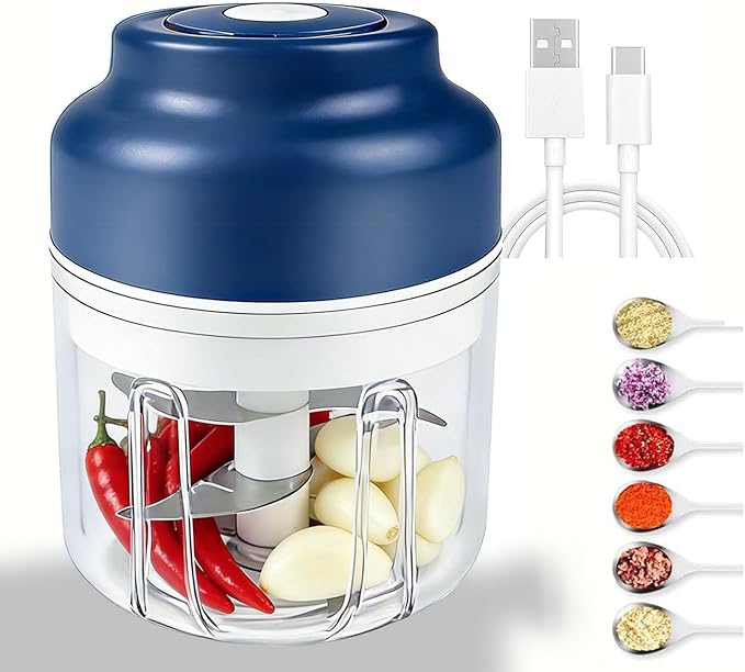 Kuars Gvni Garlic Chopper Wireless Electric Garlic Mixer with Press High-Speed Blending 11.26oz Rechargeable Portable Blender for Kitchen (Blue)
