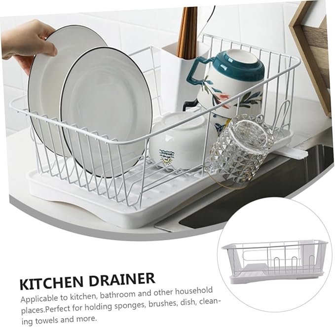 PRETYZOOM Dish Drying Rack Multi-Functional Kitchen Drainer Basket Premium Over Sink Drying for Easy Water Drainage and Stylish Organization White Iron Design