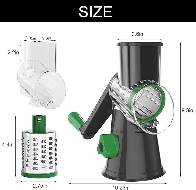 Cambom Rotary Cheese Grater Hand Crank Cheese Shredder for Fresh Cheese, Vegetable, Nuts,Non-slip Suction Base, Three Blades, Gray Green