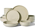 16-Piece Stoneware Dinnerware Sets for 4 with Pasta Bowls – Speckled Glaze with Spiral Design, Coupe Plates and Bowls - Chip & Scratch Resistant, Microwave & Dishwasher Safe, Honey